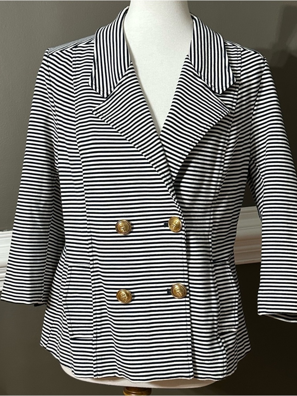 CAbi Black and White Striped Nautical Style Double-Breasted Blazer